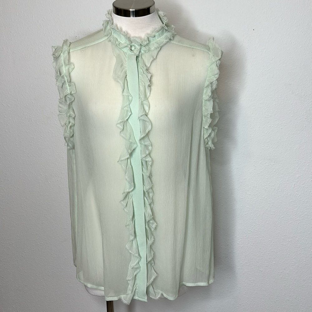 7 For All Man Kind size Large ruffled button up top in sea-foam green